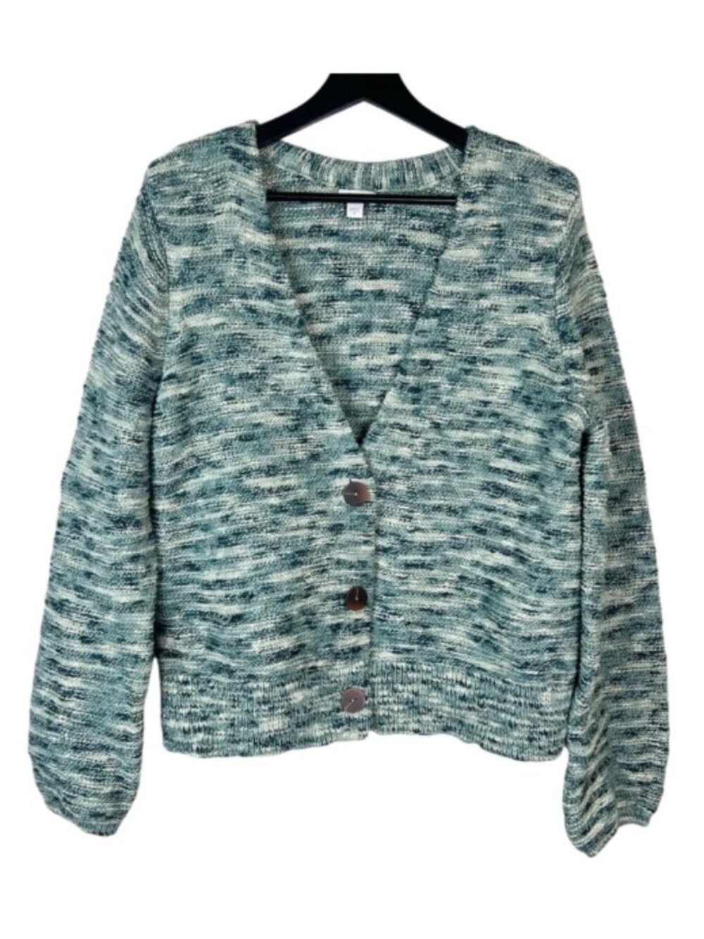 Like New J. Jill 100% Cotton Marled Green-White Button Cardigan Sweater Size M